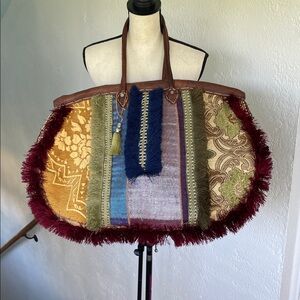 San Blas Italian Handcrafted Patchwork Tote Travel Bag Leather Straps 25x17x10